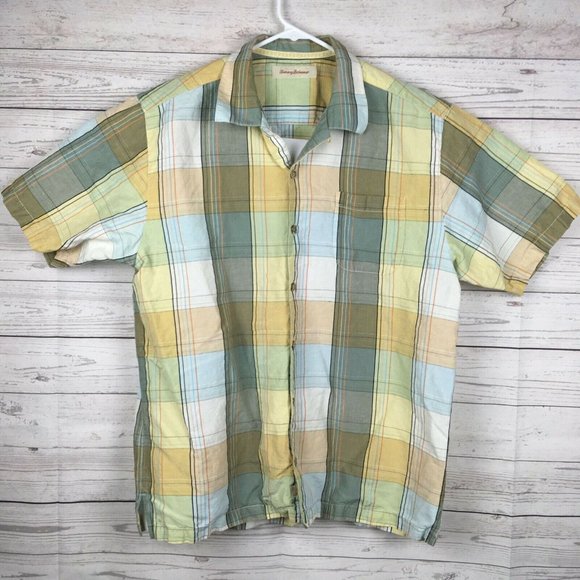 Tommy Bahama Shirt sz Large Short Sleeve Linen Silk Blend Button Up Plaid Yellow - Picture 1 of 6